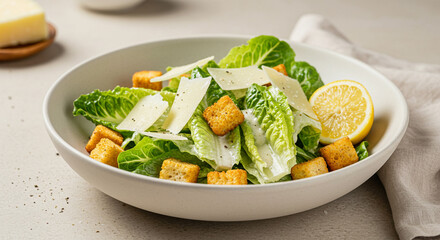 Caesar salad in white ceramic bowl