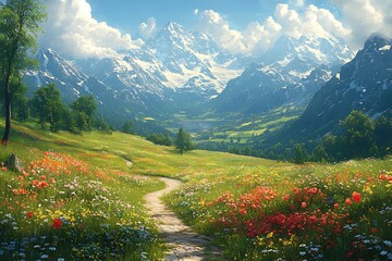 Obraz premium Scenic Mountain Meadow Path With Wildflowers And Snow Capped Peaks Backdrop
