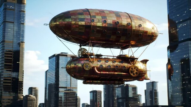 A Vintage Steampunk Airship Gliding Over a Modern Urban Skyline, Showcasing Brass and Copper Elements Amidst Skyscrapers and Clear Blue Skies