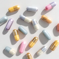 Assorted pastel-colored capsules scattered randomly on a white background. Perfect for health-related educational materials or editorial design.