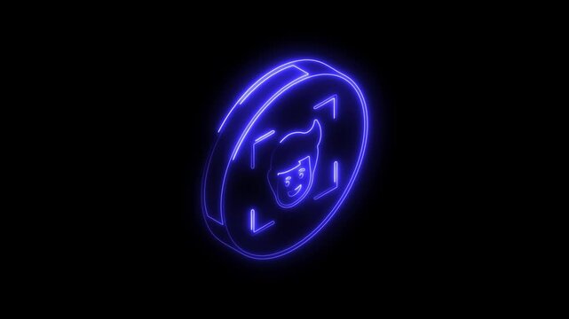 Glowing neon face recognition icon 4k  isolated on black background. HD Video motion graphic animation