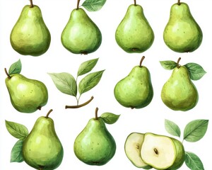 Fresh Green Pears with Leaves in a Decorative Composition Design