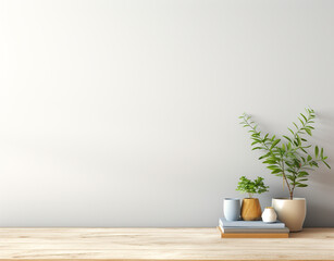 Minimal Living Room with Greenery on Wooden Shelf and Table