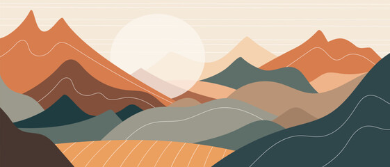 Minimalistic stylized landscape, mountain sunrise and sun, vector illustration