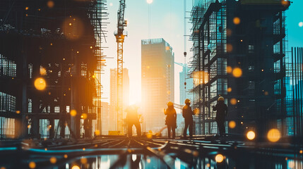 Fototapeta premium Dramatic sunset silhouettes of skyscrapers and construction cranes in a modern urban cityscape