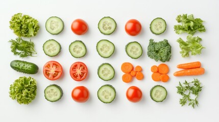 Colorful arrangement of fresh sliced vegetables.