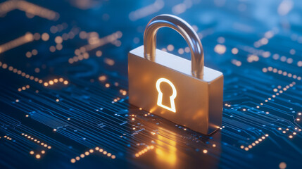 A golden lock is on a blue background