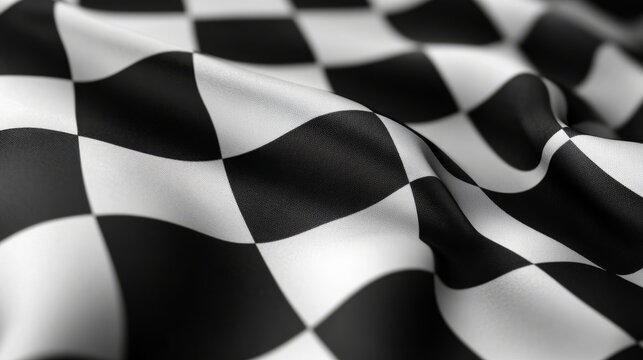 elegant racing flags arrangement with crisp checkered pattern, professional sports photography, dynamic wind sweep, premium black and white contrast, smooth fabric texture, dramatic lighting effect