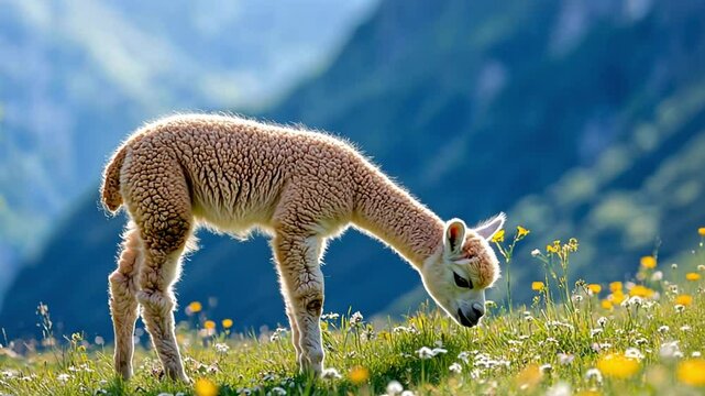 Adorable Alpaca Crias Grazing in a Mountain Meadow