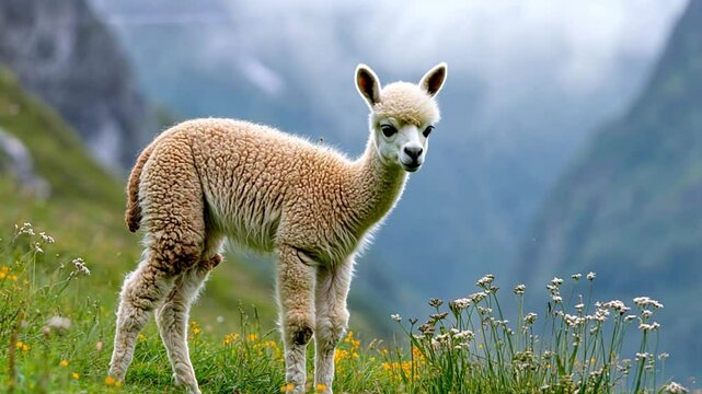 Adorable Alpaca in Mountainous Meadow
