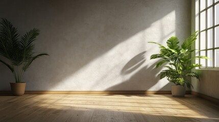 tranquil room illuminated by sunlight with potted plants casting shadows on textured wall in minimalist interior design setting