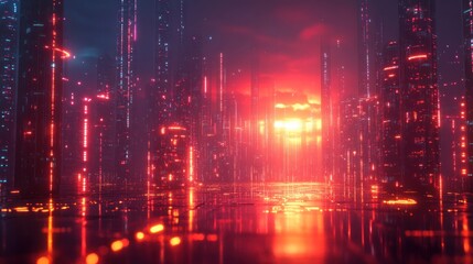 Fototapeta premium Neon Cityscape at Sunset: A Futuristic Metropolis
