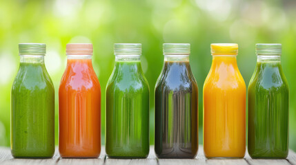 A row of six juice bottles, each with a different color