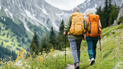 A couple of older people are walking on a trail in the mountains