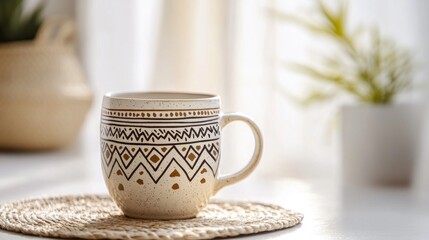 Cream colored mug with intricate geometric design.