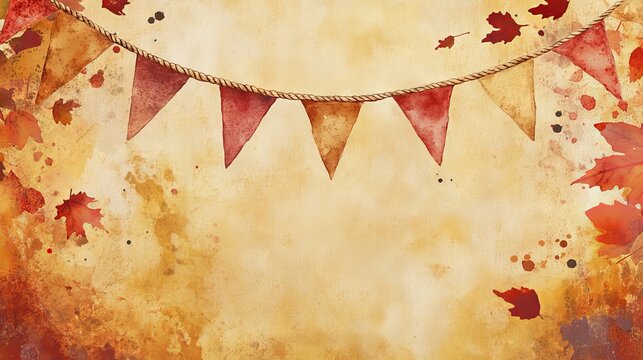 whimsical watercolor pennant flags, earthy fall colors, rich burgundy splashes, warm amber washes, organic paint bleeding effects, dancing maple leaf patterns, vintage paper texture, gentle color