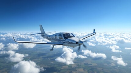 Fototapeta premium light private plane with trailing message banner, pristine azure sky, detailed aircraft modeling, floating white banner fabric, panoramic composition, clean advertising display, professional aviation