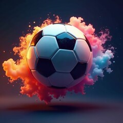 Fototapeta premium Floating soccer ball with vibrant colored smoke trails, magical, graphic