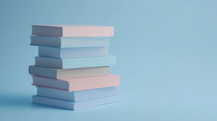 Pastel-colored books form a stack against a light blue background.