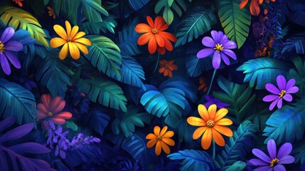 Obraz premium lush tropical garden with vibrant flowers and foliage creating a captivating and immersive botanical scene in cool and warm color palette
