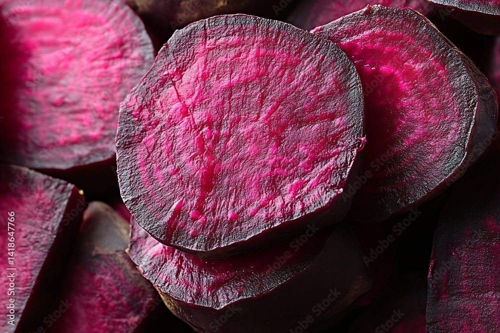 Poster freshly cut beetroot slices displayed beautifully in high detail : generative ai