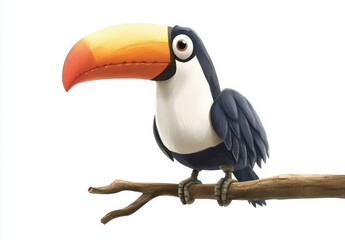 Fototapeta premium Colorful Cartoon Toucan on Branch with Bright Orange Beak