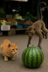 cat and monkey see watermelon