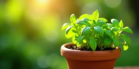 Obraz premium Fresh herbs in terracotta pot, sunlight Green leaves, gardening , vibrant, environment