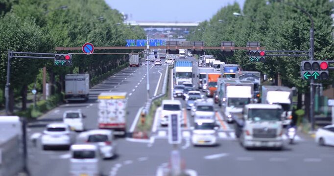 A miniature traffic jam of car and truck at the downtown street in Tokyo