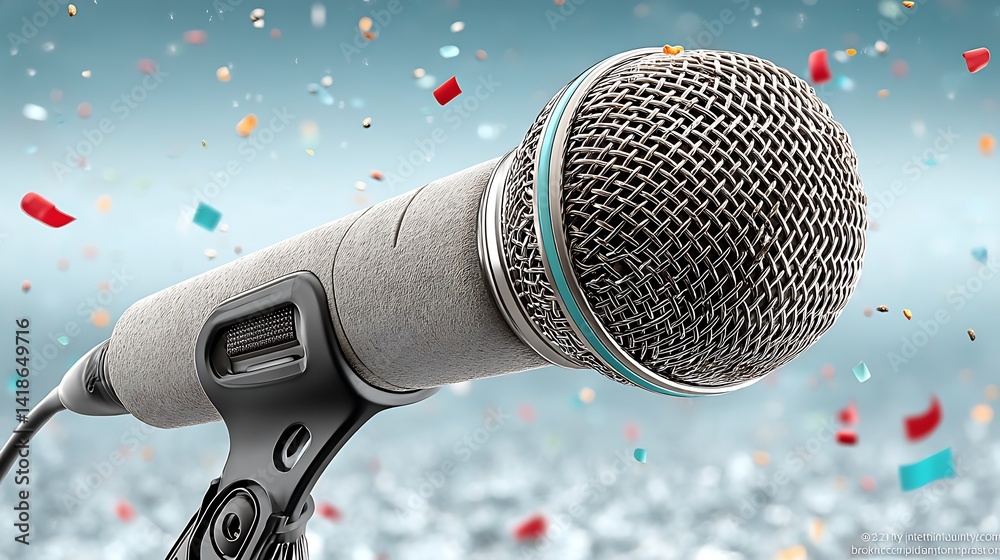 Poster professional microphone with confetti background suitable for celebrations or events : generative ai