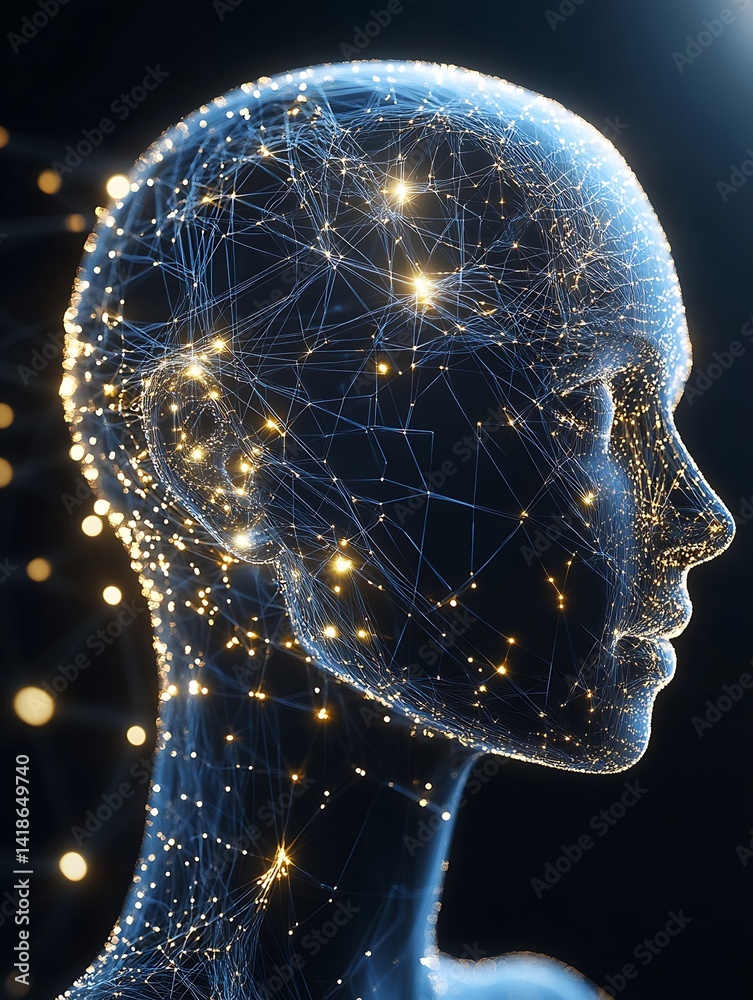 Poster Futuristic digital art of a human head outline filled with glowing interconnected neurons and data points : Generative AI