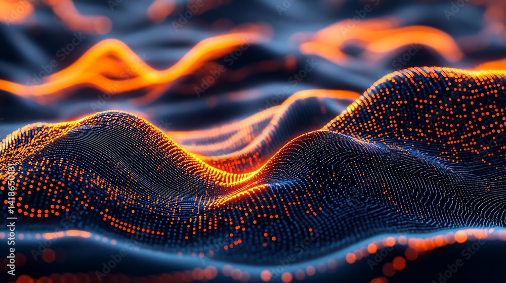 Poster Abstract visualization of flowing waves and patterns created by glowing orange dots on a dark background : Generative AI