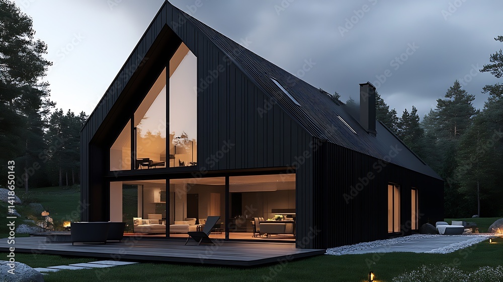 Poster stunning modern black house design with large windows and a cozy feel surrounded by nature : generat