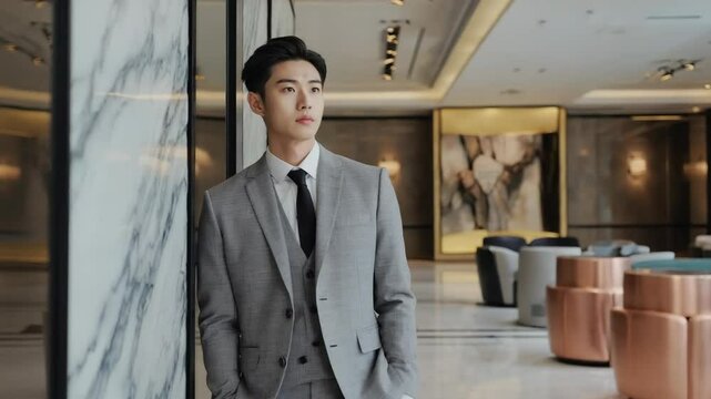 Pensive Asian man in gray suit leans against marble wall in modern interior looking away. Serious businessman indoors, thinking about future.