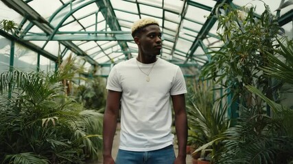 Young man in white t-shirt stands in a botanical garden with lush green plants and glass roof greenhouse, looking off to the side, relaxed posture.