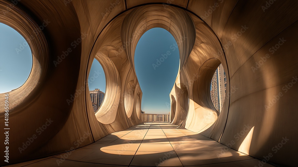 Poster Spectacular View Inside Unique Architectural Space with Curved Wooden Features and Bright Sky : Generative AI