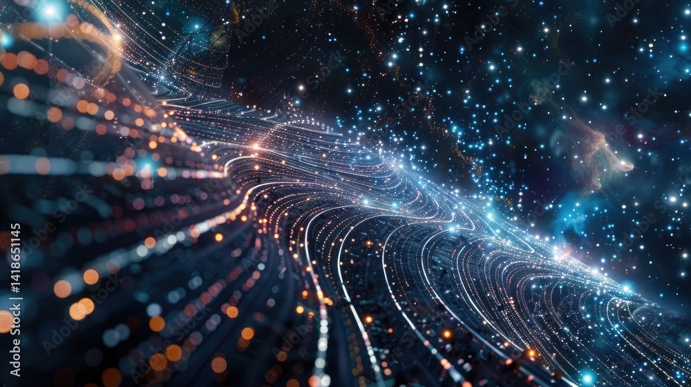 Poster abstract art of digital network with glowing nodes and colorful lights. digital artwork of glowing n