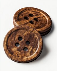 Close-up of Two Round Wooden Buttons with Four Holes on White Surface