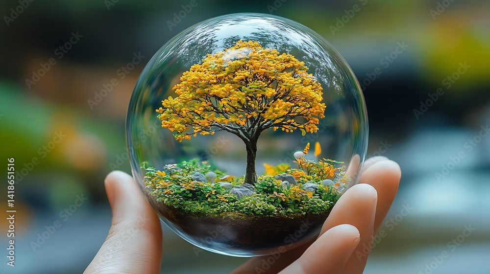 Poster beautiful miniature tree encased in a glass globe held delicately by a hand with nature backdrop : g