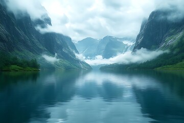 Tranquil Mountain Lake Landscape With Foggy Peaks And Reflections Norway Scenery