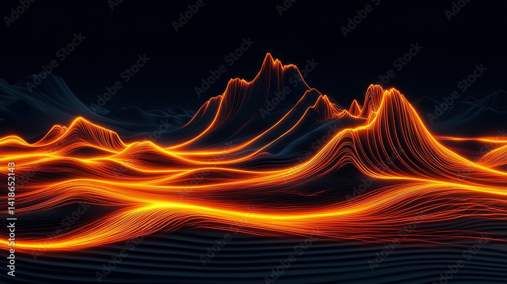 Poster Dynamic landscape of glowing orange lines creating a stunning visual representation of waves and hills : Generative AI