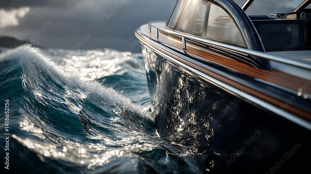 Aufkleber Close-up of a luxurious boat slicing through wave patterns in vibrant seas during a dynamic sunset : Generative AI