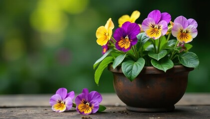 Full bloom pansies spill over aged pot, peaceful scene , floral, overflowing