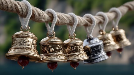 Intricate collection of traditional decorative bells hung elegantly showcasing craftsmanship in nature’s beautiful backdrop : Generative AI