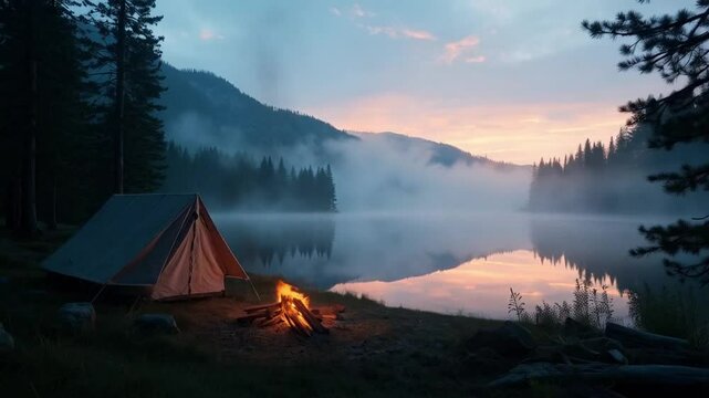 Under the starlit sky, the lakeside campsite glimmers with flickering lanterns and tranquil moonlit reflections.