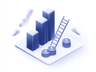 Isometric illustration of ascending bar graph, ladder, and coins symbolizing financial growth and success.