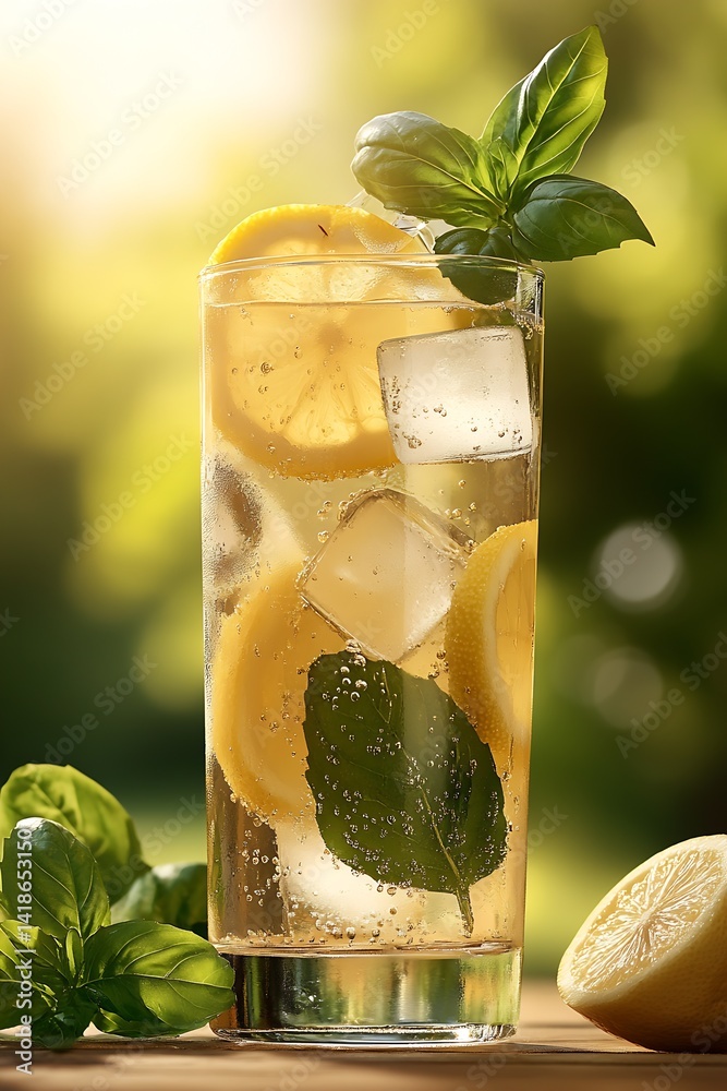 Poster refreshing lemon and basil drink served in a glass with ice cubes and mint leaves : generative ai