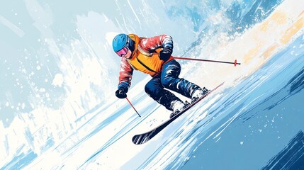 Dynamic skier navigates a powdery slope with vibrant style and snowy mountain scenery