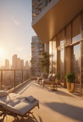 Fototapeta premium Golden hour sun bathes luxurious high-rise apartment with spacious balcony , window, city