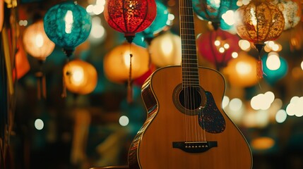 Acoustic guitar in focus with soft lantern glow, evoking warmth and artistic harmony